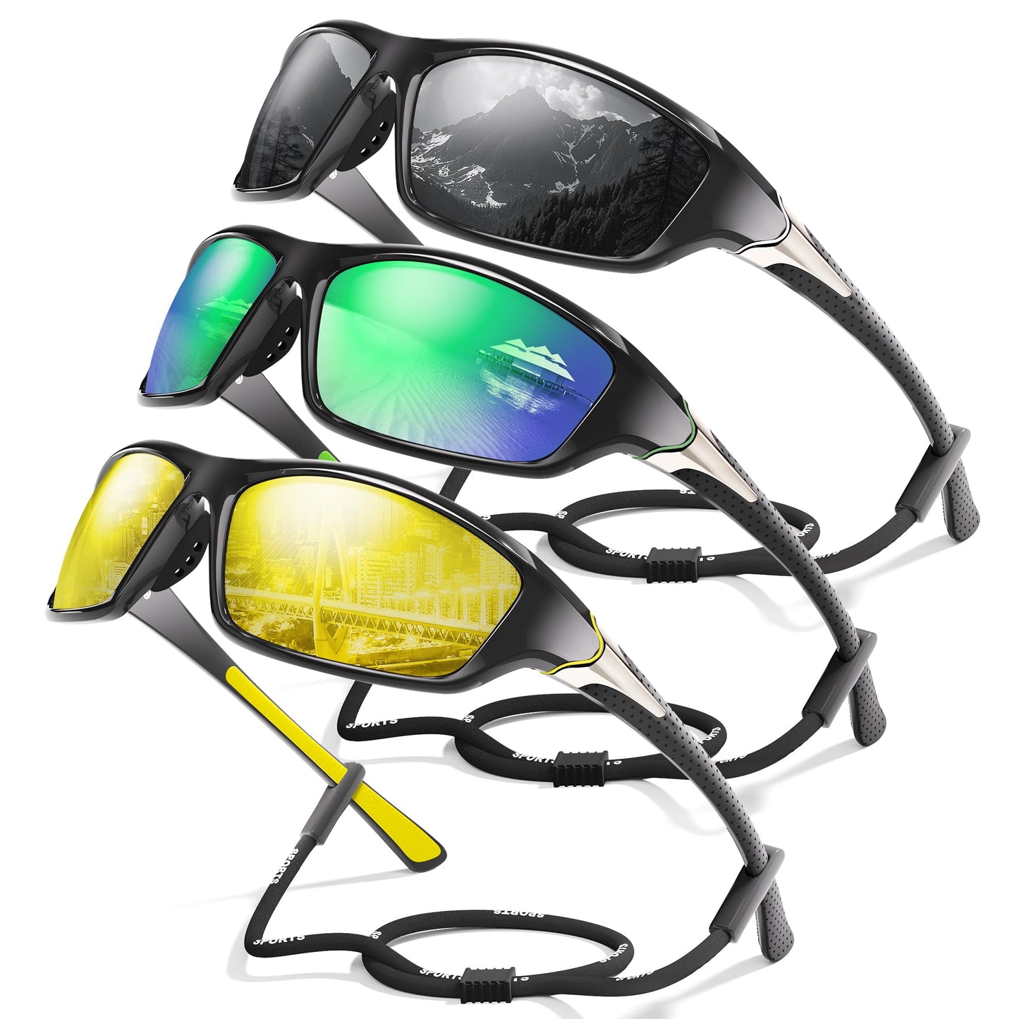Foliful 3 Pack Polarized Sports Sunglasses for Men, Mens Sunglasses Wrap Around UV Protection for Cycling Fishing Driving