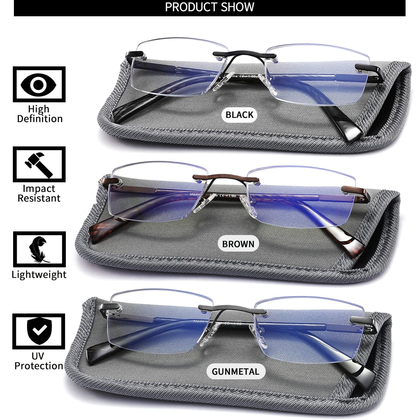 JJWELL 3 Pack Reading Glasses for Men Blue Light Blocking Rimless Readers with Spring Hinge Anti Eyestrain/UV