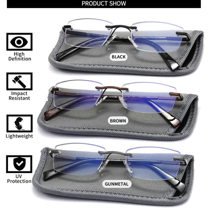 JJWELL 3 Pack Reading Glasses for Men Blue Light Blocking Rimless Readers with Spring Hinge Anti Eyestrain/UV
