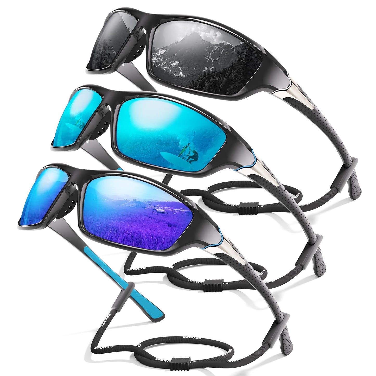 Foliful 3 Pack Polarized Sports Sunglasses for Men, Mens Sunglasses Wrap Around UV Protection for Cycling Fishing Driving