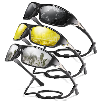 Foliful 3 Pack Polarized Sports Sunglasses for Men, Mens Sunglasses Wrap Around UV Protection for Cycling Fishing Driving