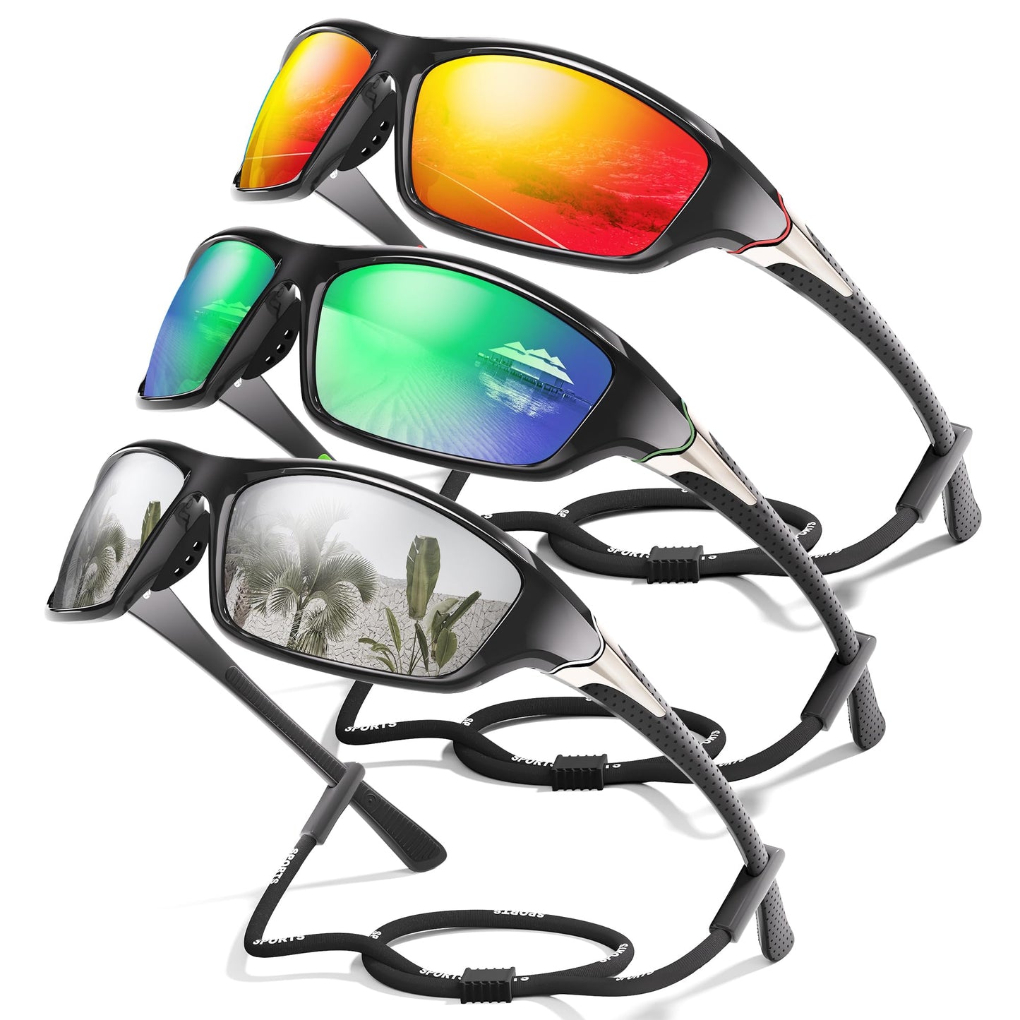 Foliful 3 Pack Polarized Sports Sunglasses for Men, Mens Sunglasses Wrap Around UV Protection for Cycling Fishing Driving
