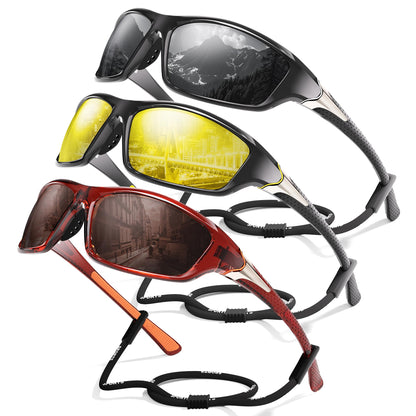 Foliful 3 Pack Polarized Sports Sunglasses for Men, Mens Sunglasses Wrap Around UV Protection for Cycling Fishing Driving