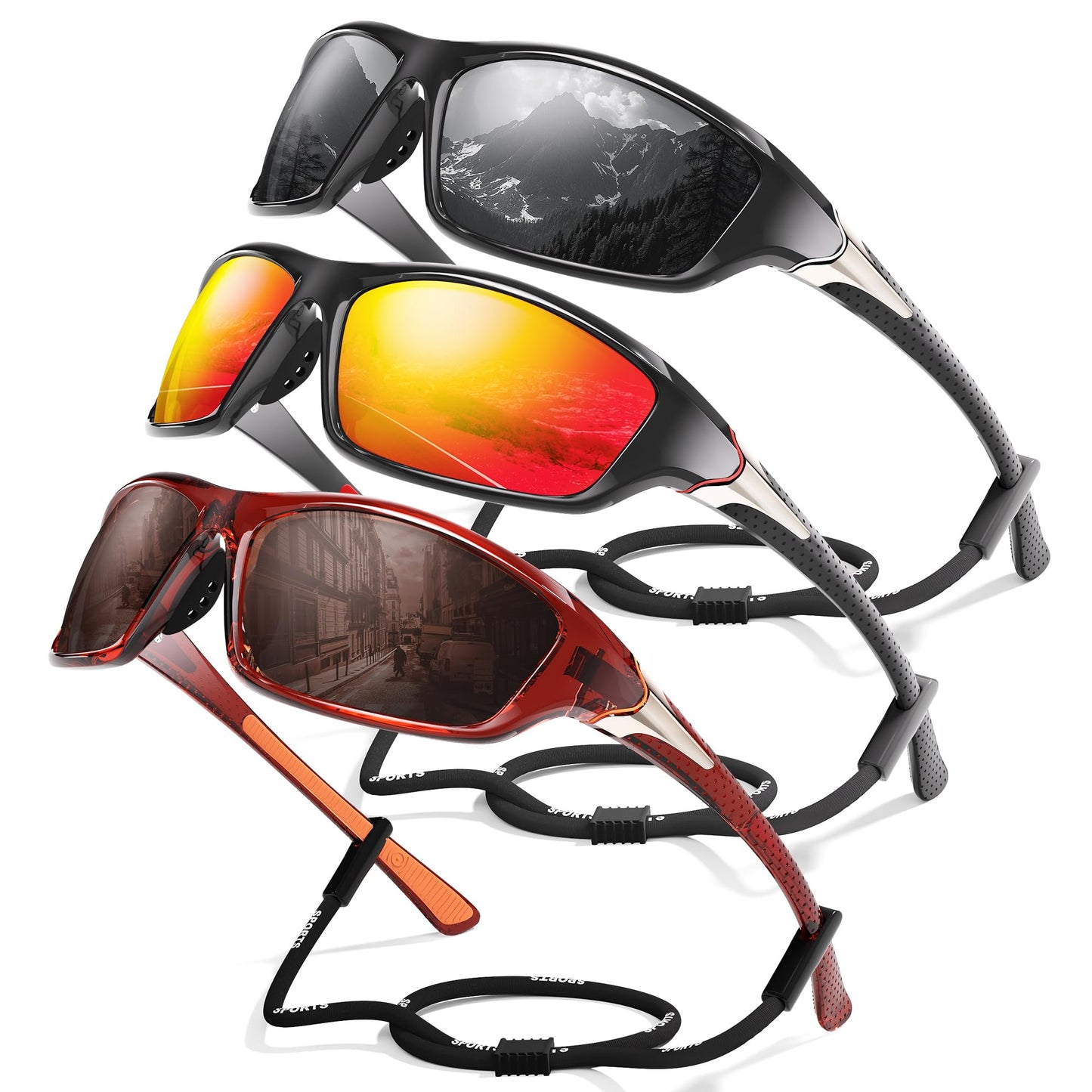 Foliful 3 Pack Polarized Sports Sunglasses for Men, Mens Sunglasses Wrap Around UV Protection for Cycling Fishing Driving