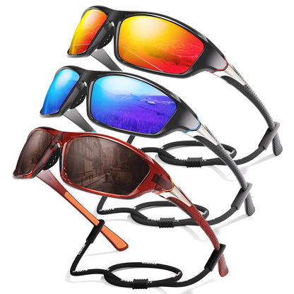 Foliful 3 Pack Polarized Sports Sunglasses for Men, Mens Sunglasses Wrap Around UV Protection for Cycling Fishing Driving
