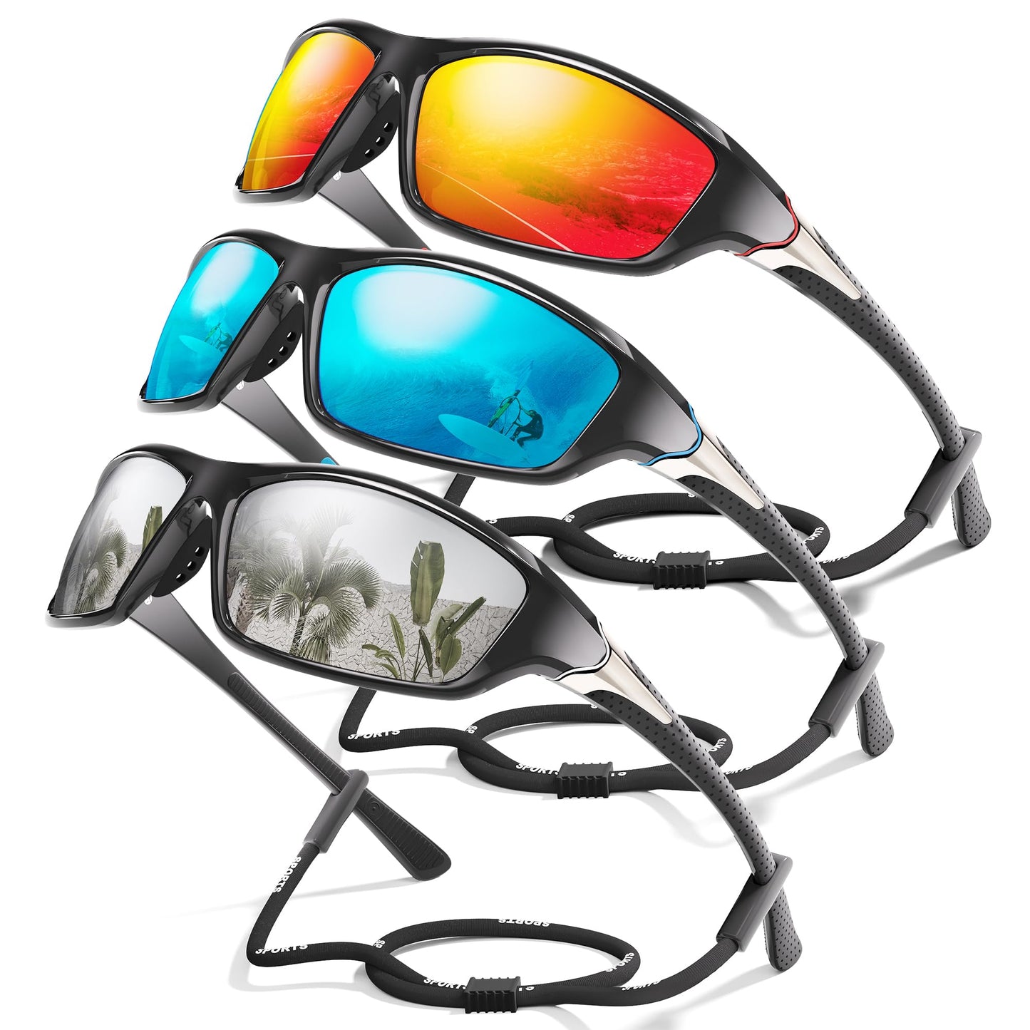 Foliful 3 Pack Polarized Sports Sunglasses for Men, Mens Sunglasses Wrap Around UV Protection for Cycling Fishing Driving