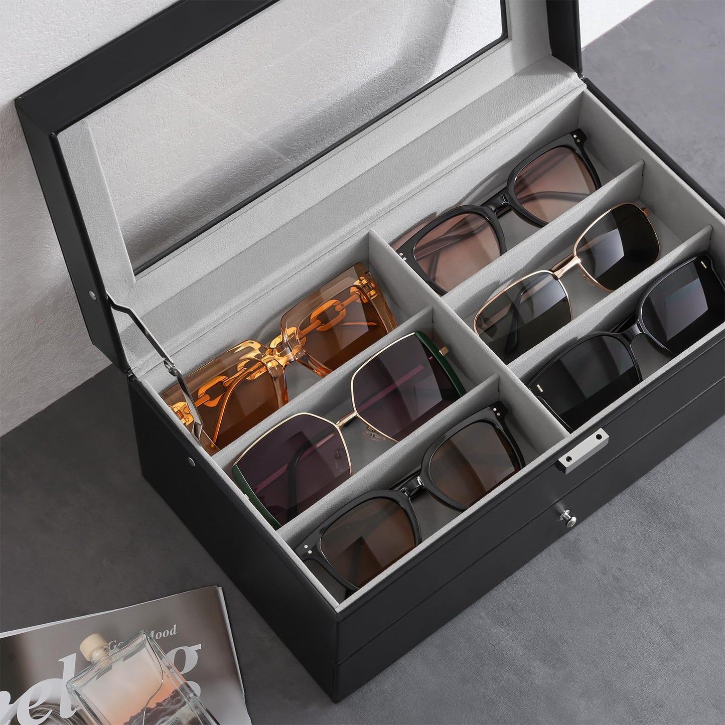 ProCase 3 Tier Glasses Box 18 Sunglasses Display Box Leather Glasses Case with Glass Lid